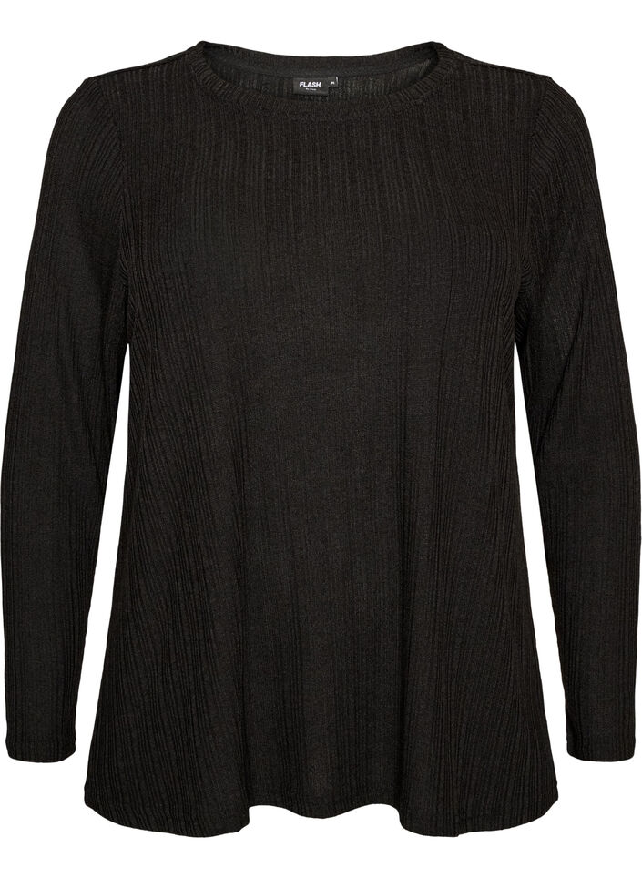 Jersey blouse met geribde structuur en lange mouwen, Zwart, Packshot image number 0
