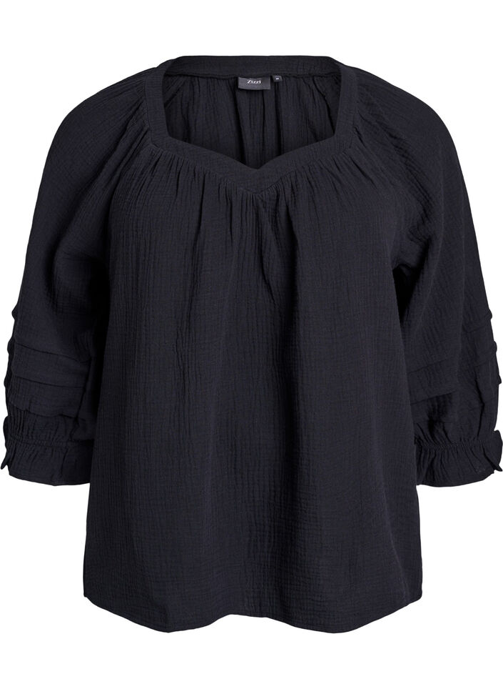 Katoenen mousseline blouse met 3/4 mouwen, Black, Packshot image number 0