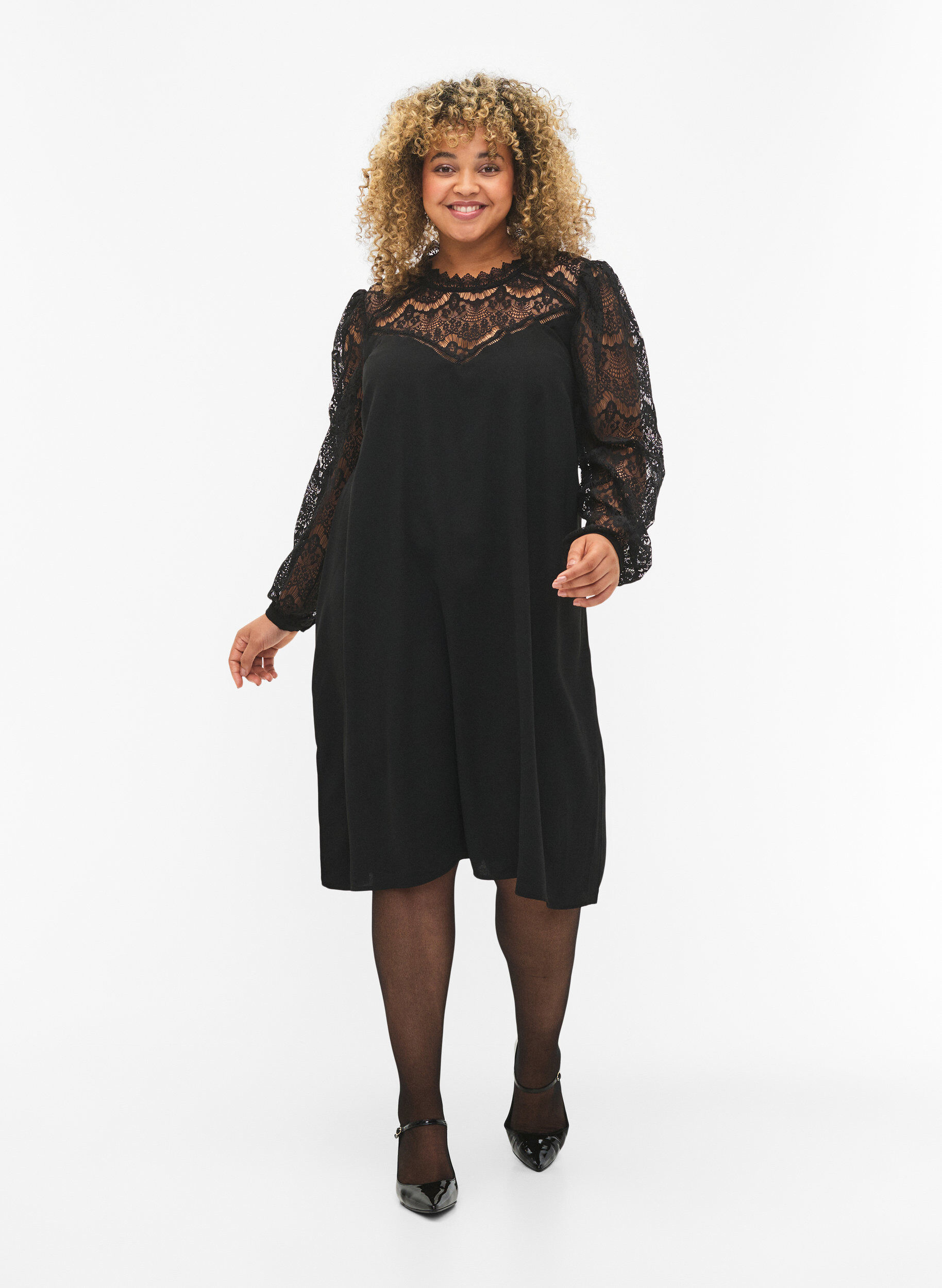 Zizzi Jurk met lange mouwen en kant, Black, Model image number 3
