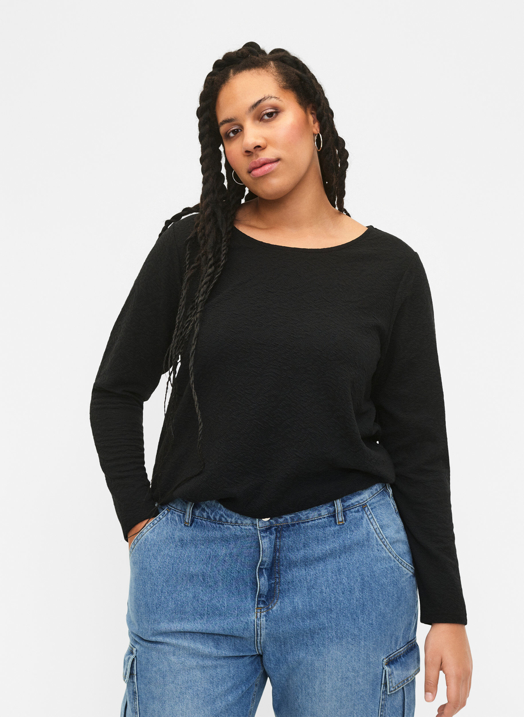 Zizzi Blouse met lange mouwen en textuur, Zwart, Model image number 3