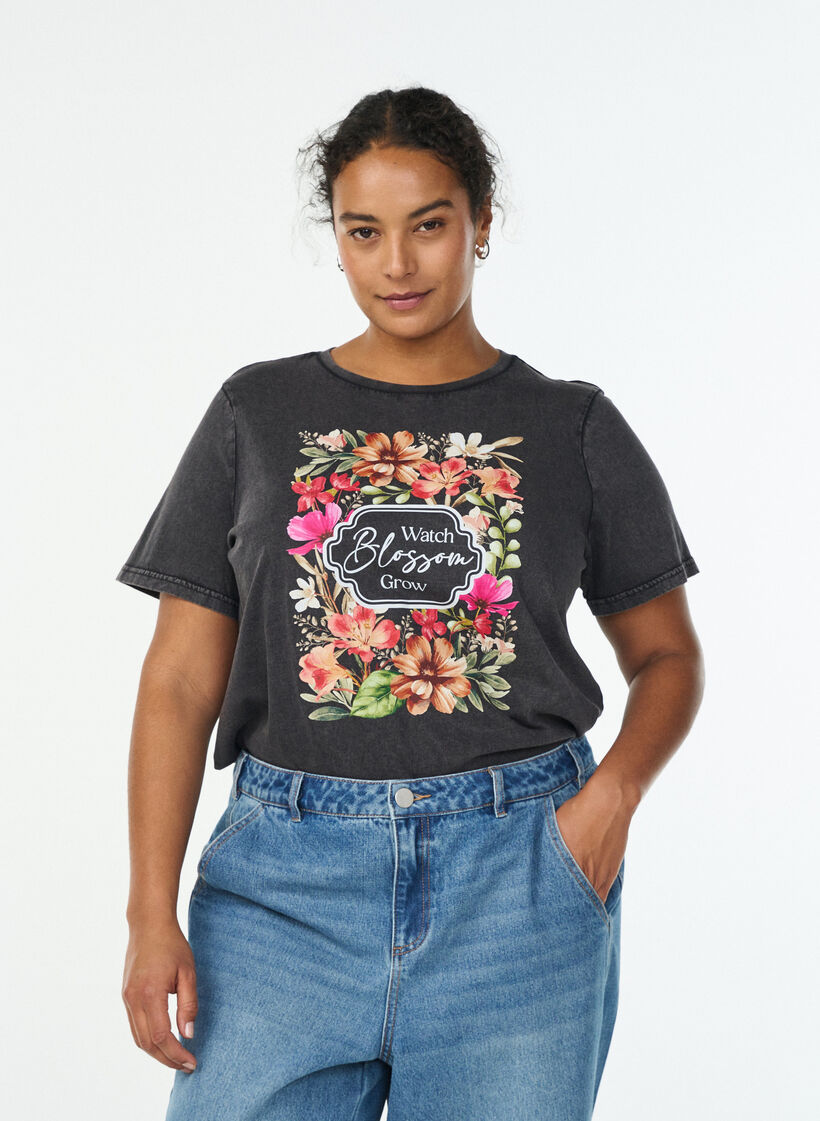 Organisch katoenen T-shirt met print, Grijs, Model image number 0