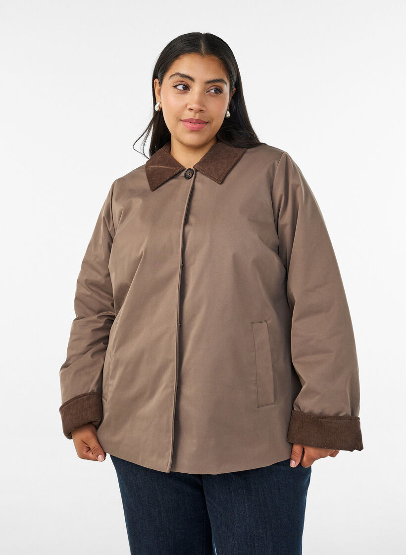 Licht gewatteerde jas met een corduroy kraag, Bruin, Model image number 0
