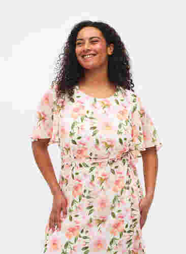 	 Midi-jurk met korte mouwen en bloemenprint, White w. Pink Flower, Model image number 2