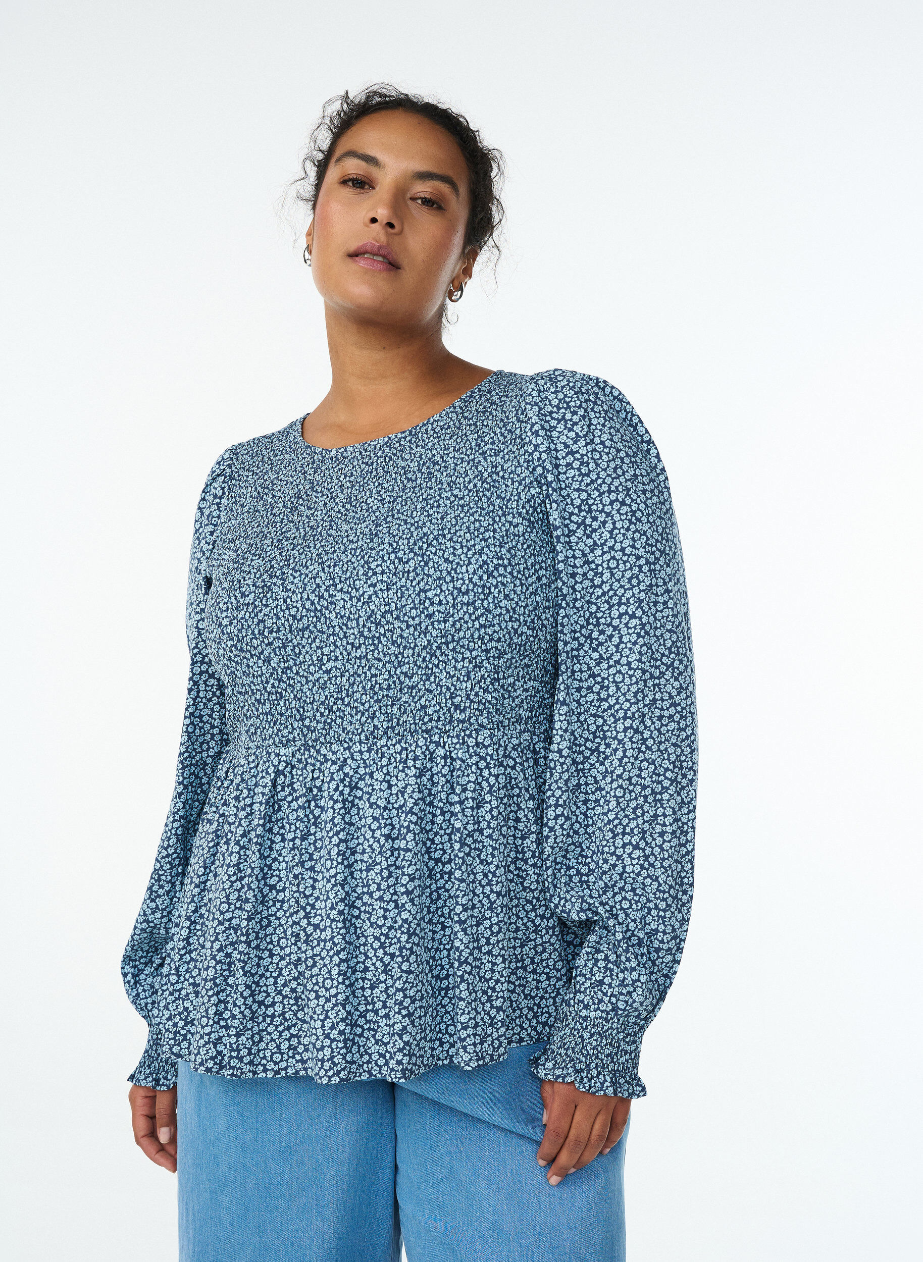 ZizziBlouse met gesmokte top en bloemenprint, Blauw, Model image number 0