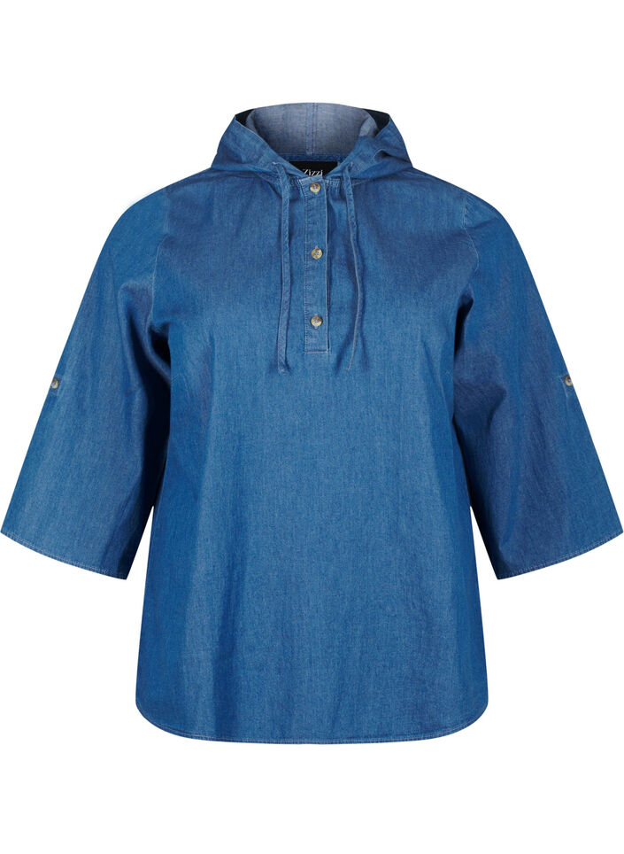 Denim blouse met capuchon, Medium Blue Denim, Packshot image number 0
