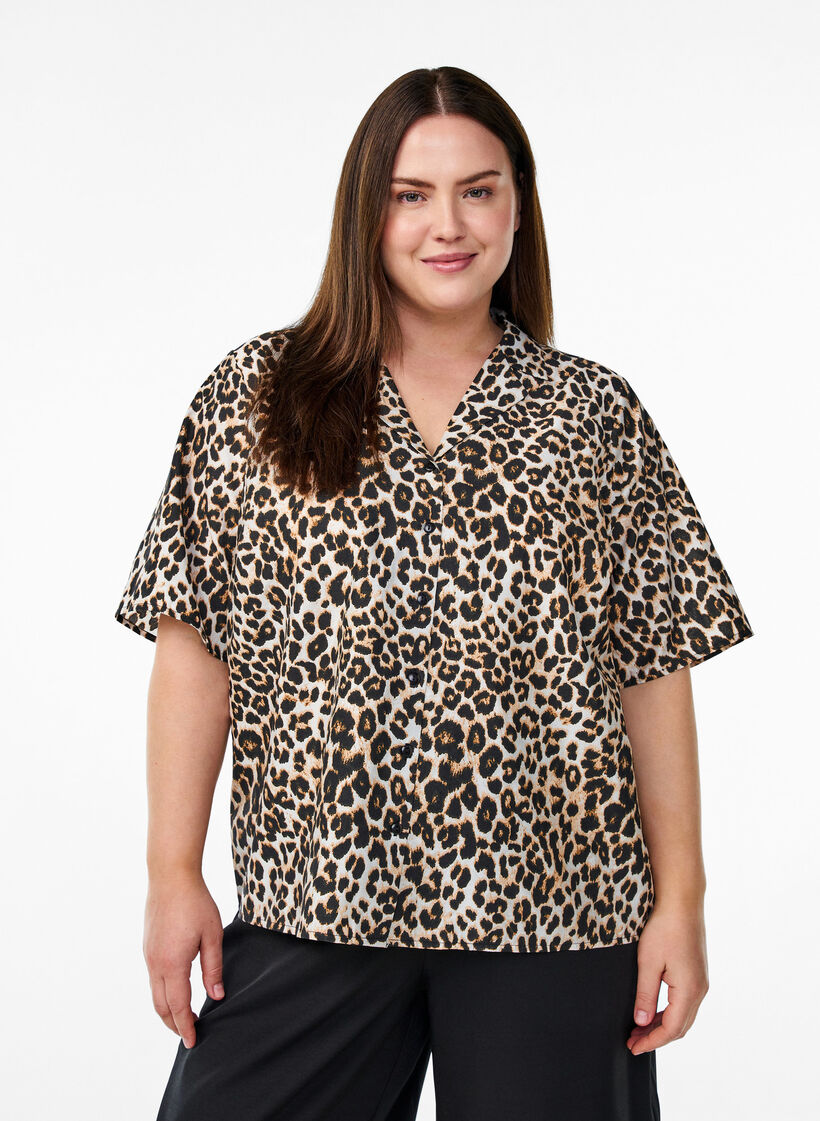 Shirt blouse met print en V-hals, Bruin, Model image number 0