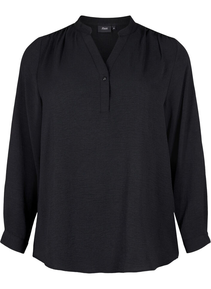 Blouse met lange mouwen en V-hals, Black, Packshot image number 0