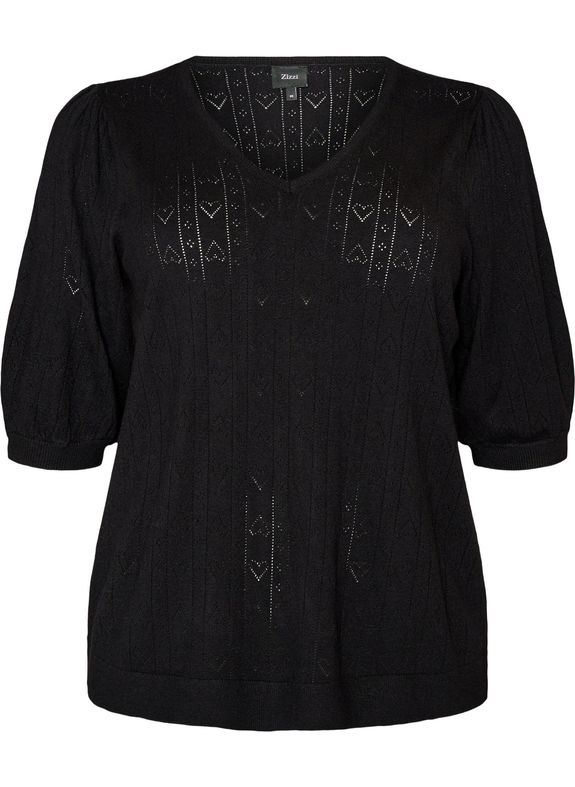 ZizziGebreide blouse met korte mouwen en pointellepatroon, Zwart, Packshot image number 0