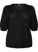 Gebreide blouse met korte mouwen en pointellepatroon, Zwart, Packshot image number 0