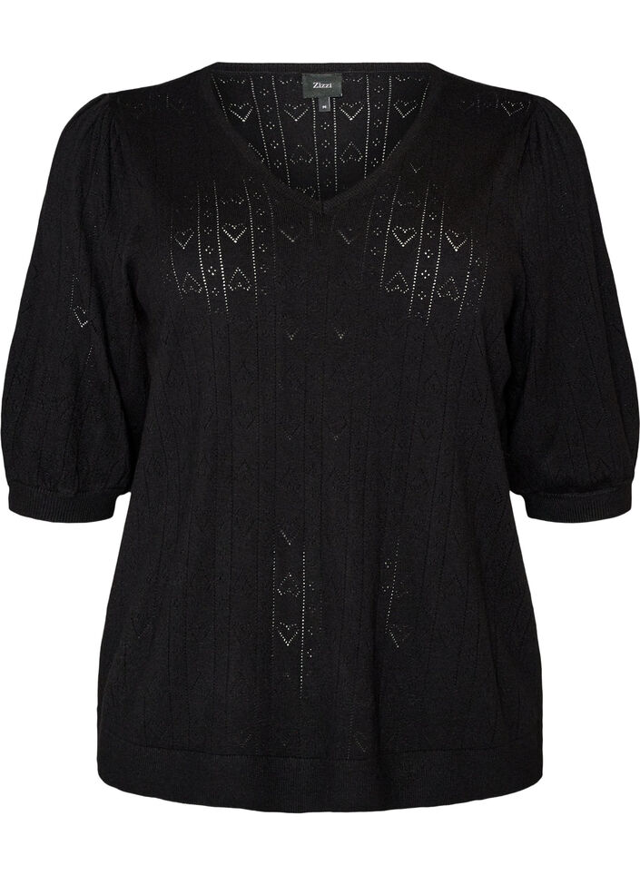 Gebreide blouse met korte mouwen en pointellepatroon, Zwart, Packshot image number 0