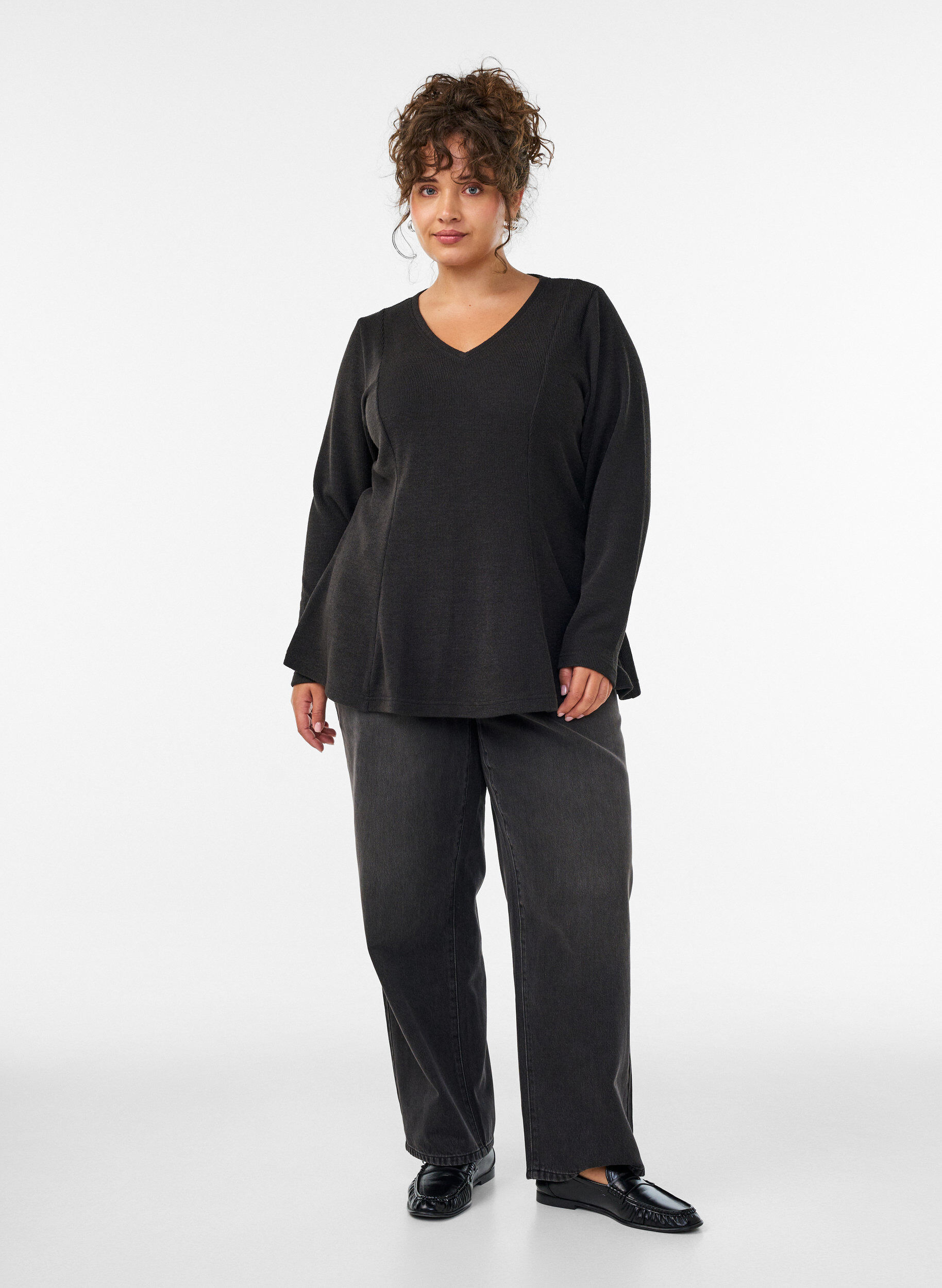 ZizziJersey blouse met een geribde textuur en een A-lijn pasvorm, Zwart, Model image number 1