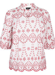 3/4 mouwen blouse met contrasterend broderie anglaise, White w. Red