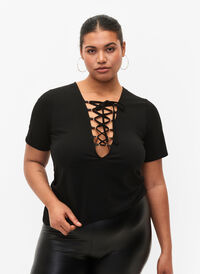 Omkeerbare blouse met trekkoord, Black, Model