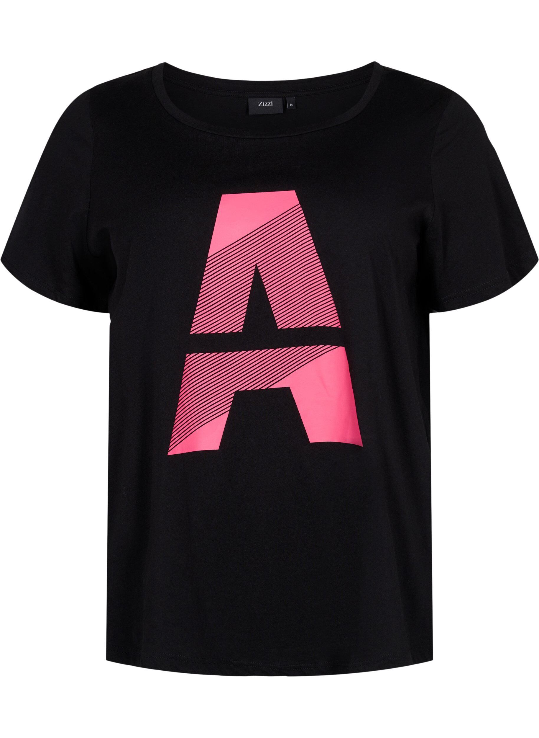 Zizzi Trainingsshirt met print, Black w. Pink A, Packshot image number 0