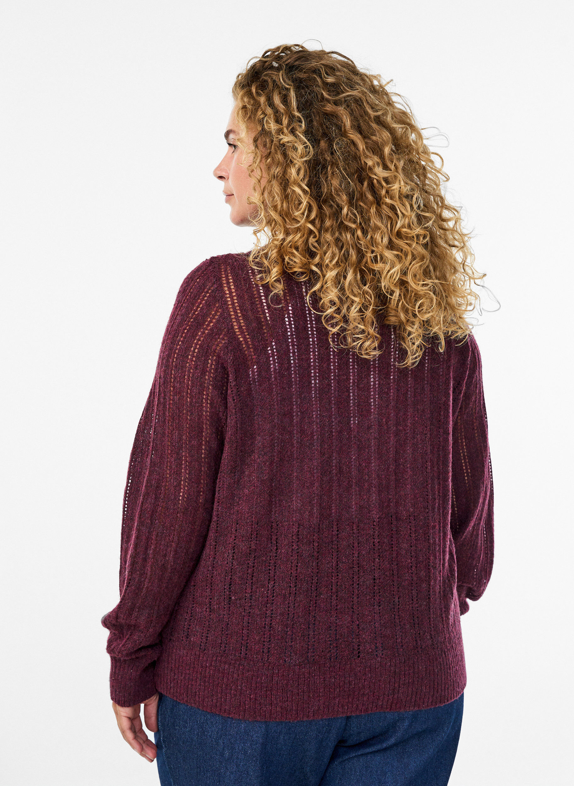 Zizzi Gebreide cardigan met opengewerkt patroon, Donker Bordeaux, Model image number 2