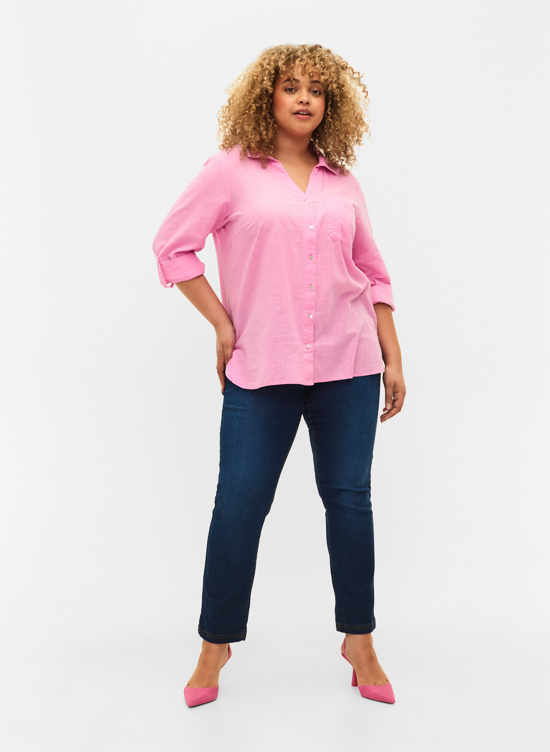 Zizzi Overhemdblouse met knoopsluiting in katoen-linnen mix, Begonia Pink, Model image number 2