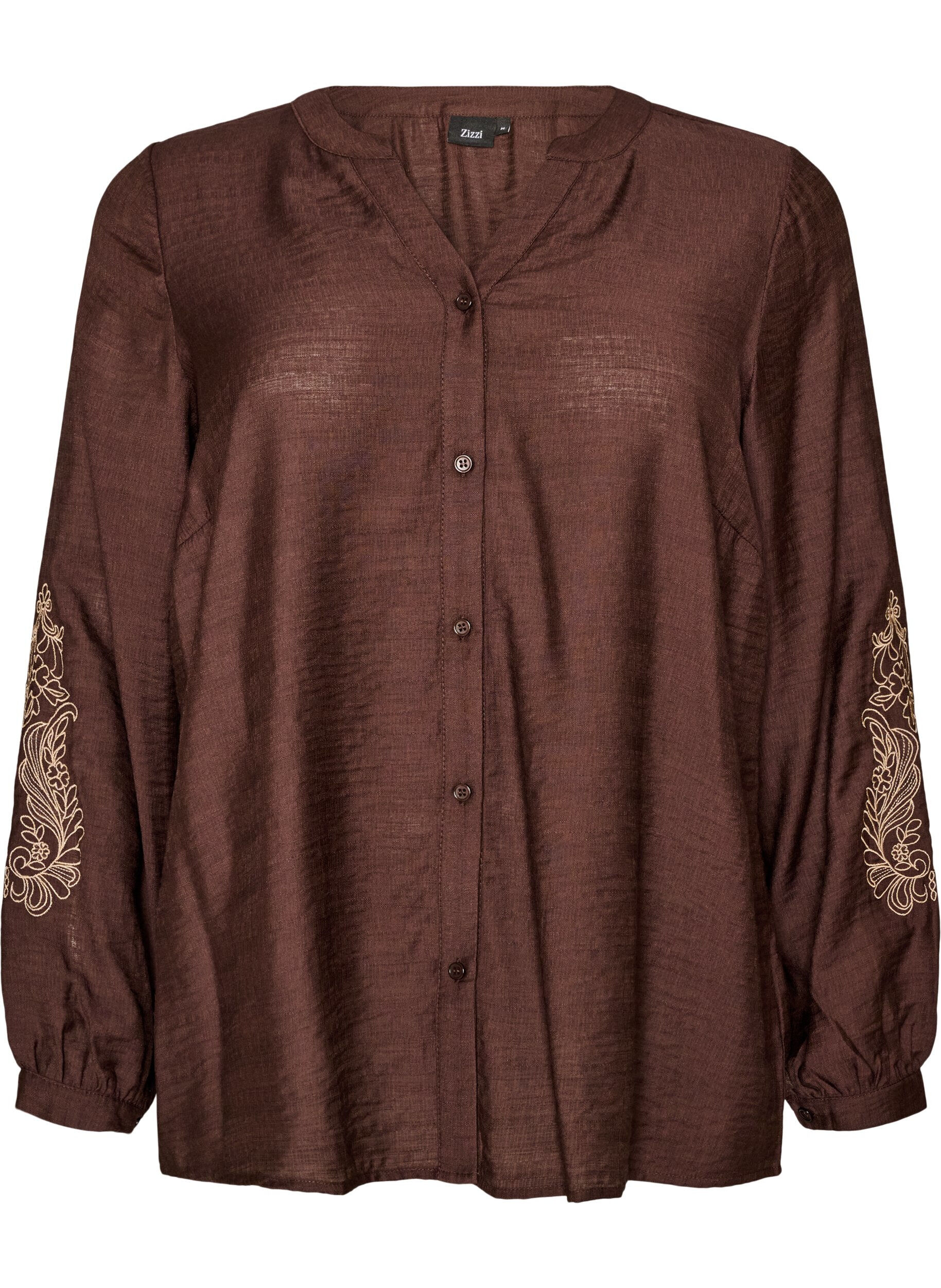 ZizziViscose shirt met geborduurde mouwen, Bruin, Packshot image number 0