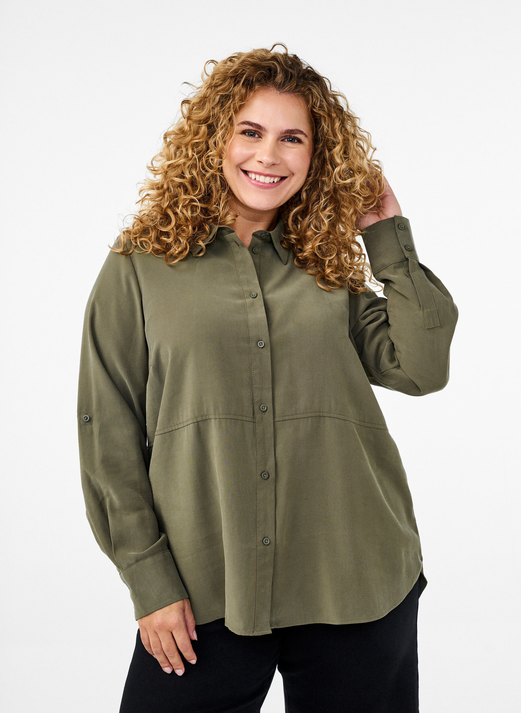 Zizzi FLASH - Shirt met kraag en opgerolde mouwen, Groen, Model image number 0
