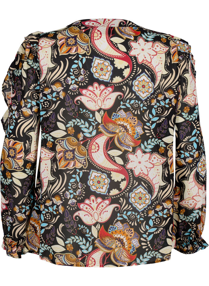 Shirt blouse met ruches en paisleyprint, Black Paisley, Packshot image number 1