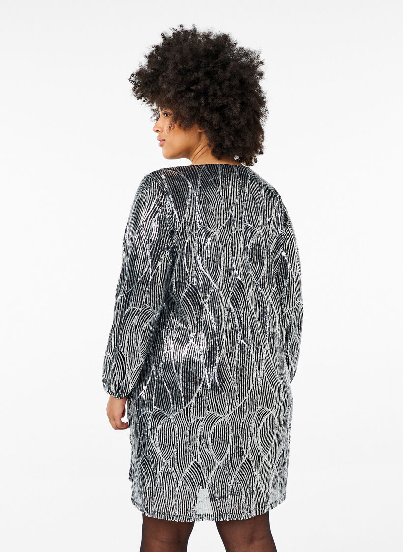 Lange mouwen paillettenjurk met patronen, Silver Sequins, Model image number 1