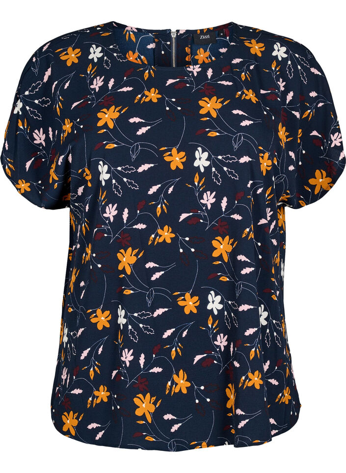 Blouse met korte mouwen met bloemenprint, Sky Captain Flower, Packshot image number 0