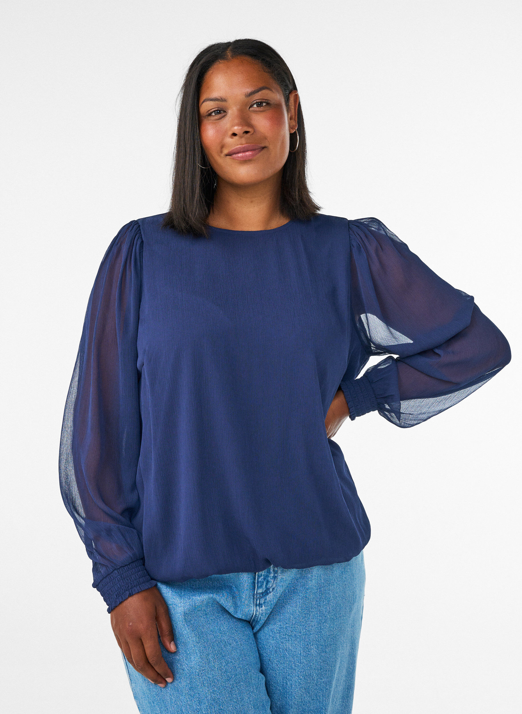 ZizziChiffonblouse met doorschijnende mouwen, Blauw, Model image number 0