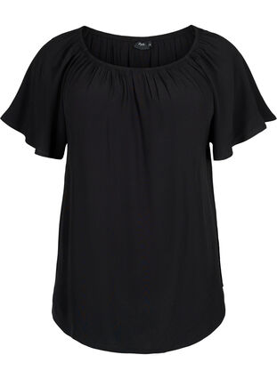 Gestreepte blouse van viscose met korte mouwen, Black, Packshot image number 0