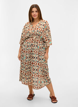 Midi-jurk met print en striksluiting in viscose, Angora AOP, Model image number 2