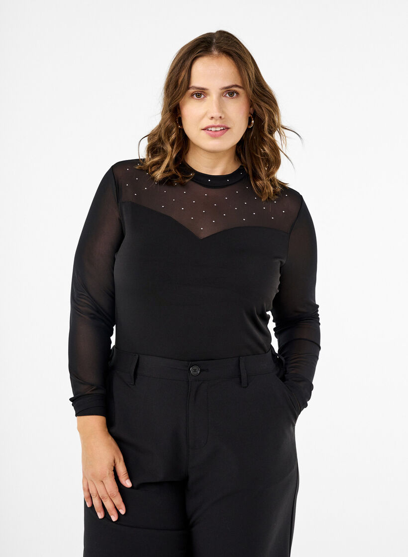 Bodystocking met studs en lange mesh mouwen, Black, Model image number 0