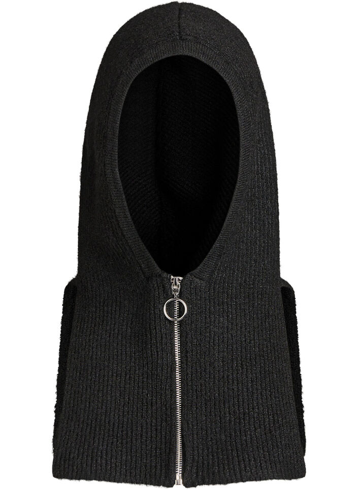 Ribgebreide balaclava met ritssluiting, Zwart, Packshot image number 0