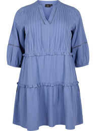 Katoenen jurk met 3/4 mouwen en ruches, Moonlight Blue