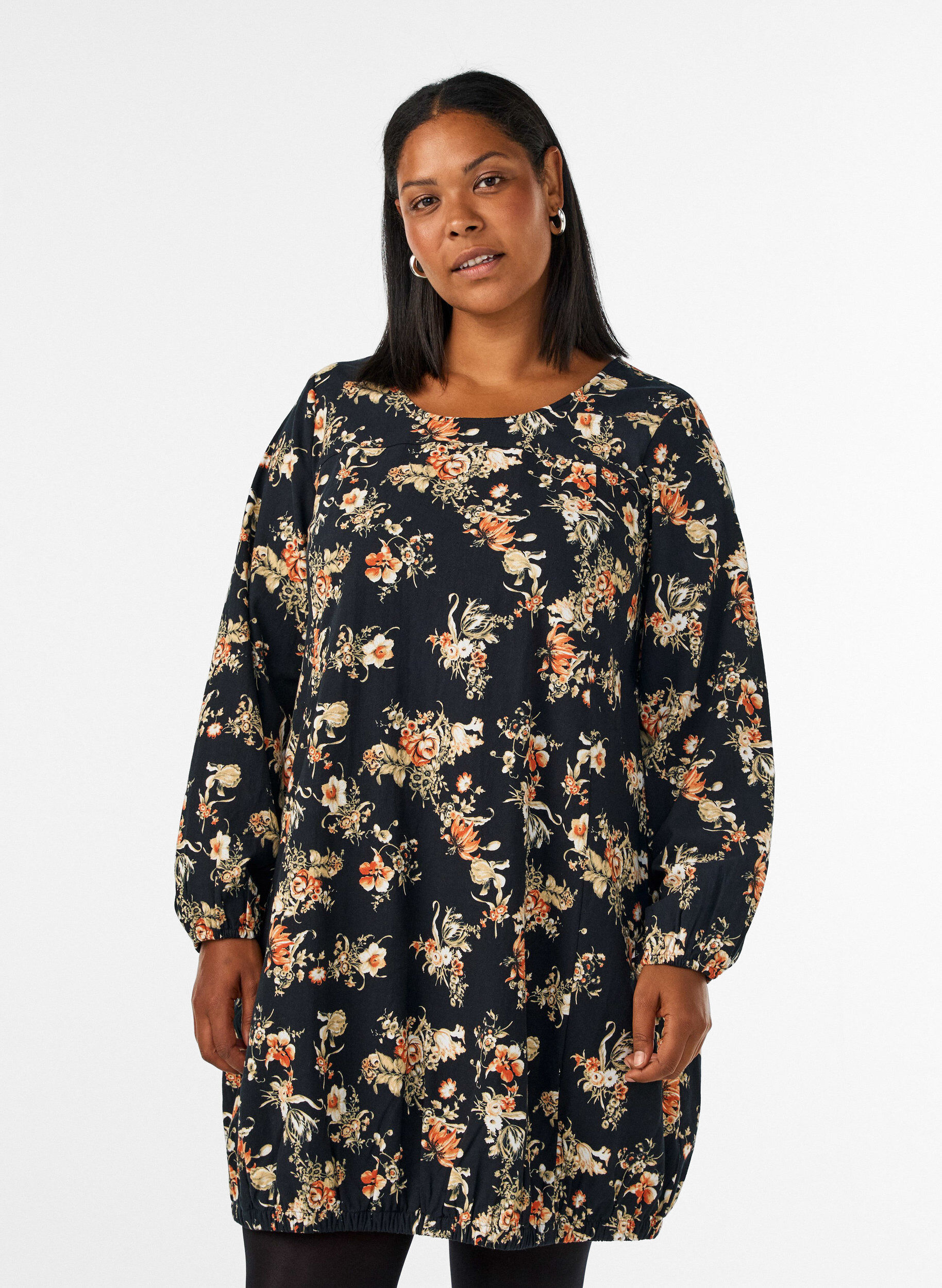 ZizziKorte katoenen jurk met een elastische zoom en lange mouwen, Zwart, Model image number 0