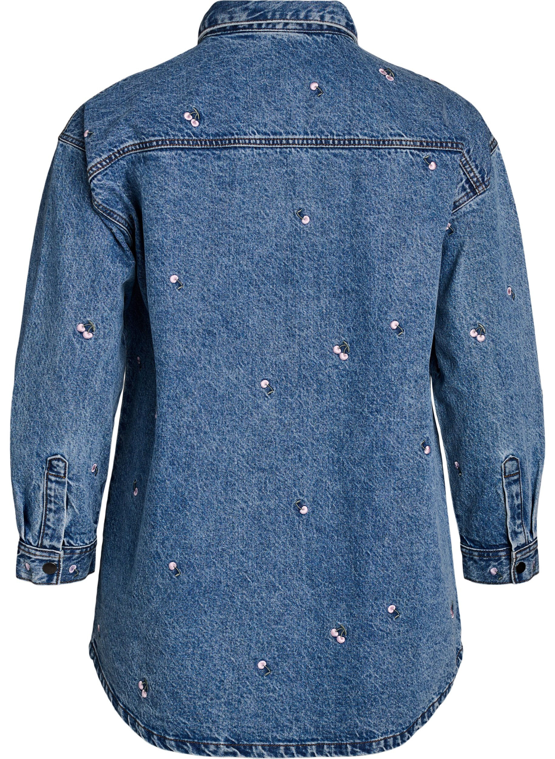 Zizzi Denim overhemd met geborduurde motieven, Blauw, Packshot image number 1