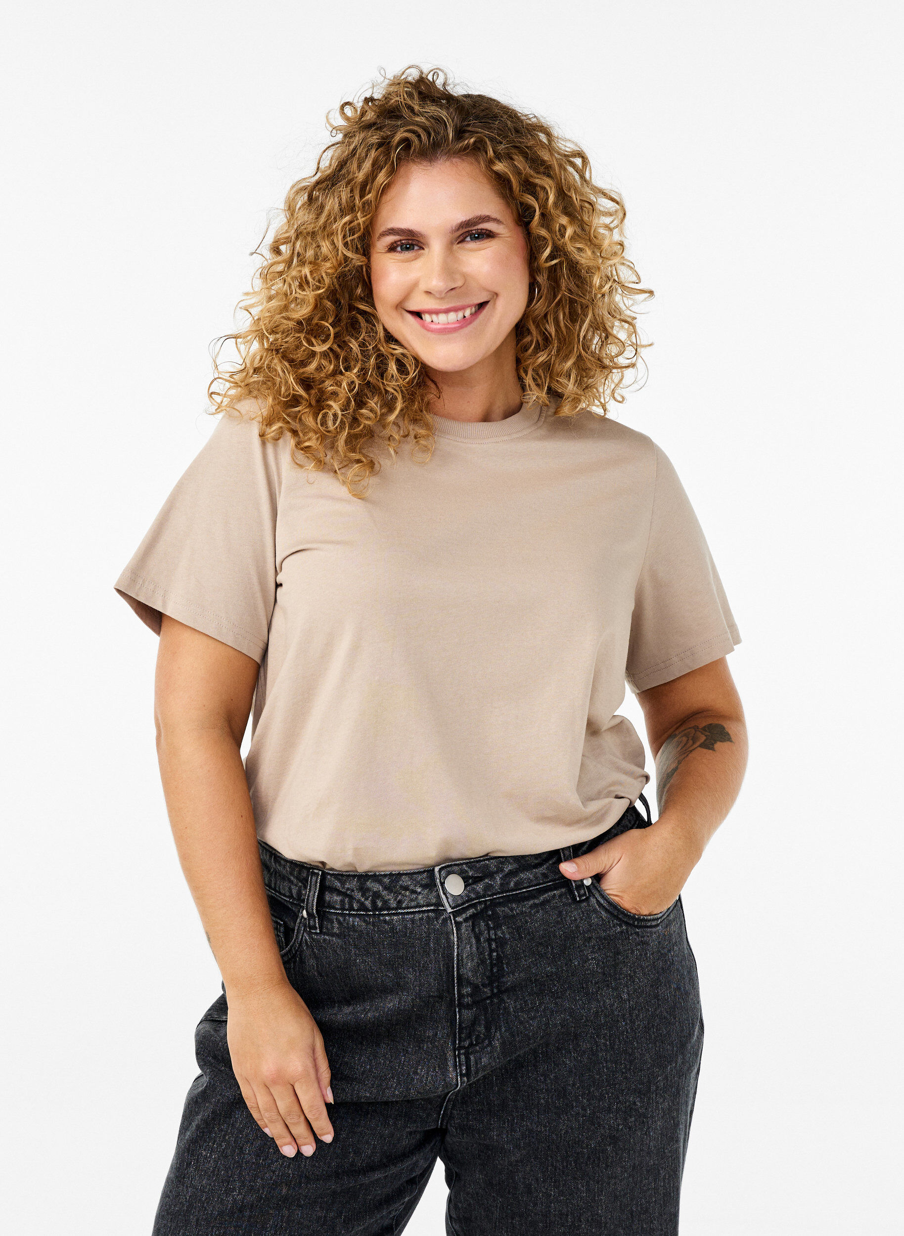 ZizziBasic katoenen T-shirt met ronde hals, Beige, Model image number 0