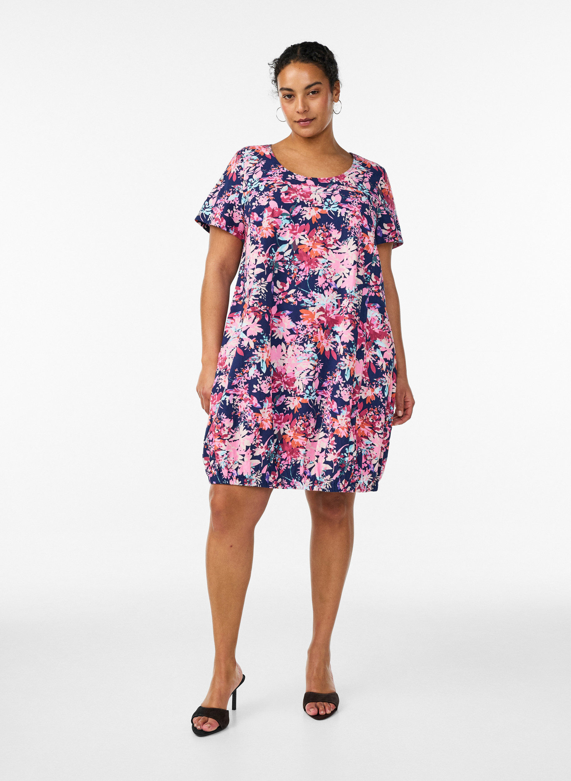 Zizzi Katoenen jurk met korte mouwen en print, Blauw, Model image number 1