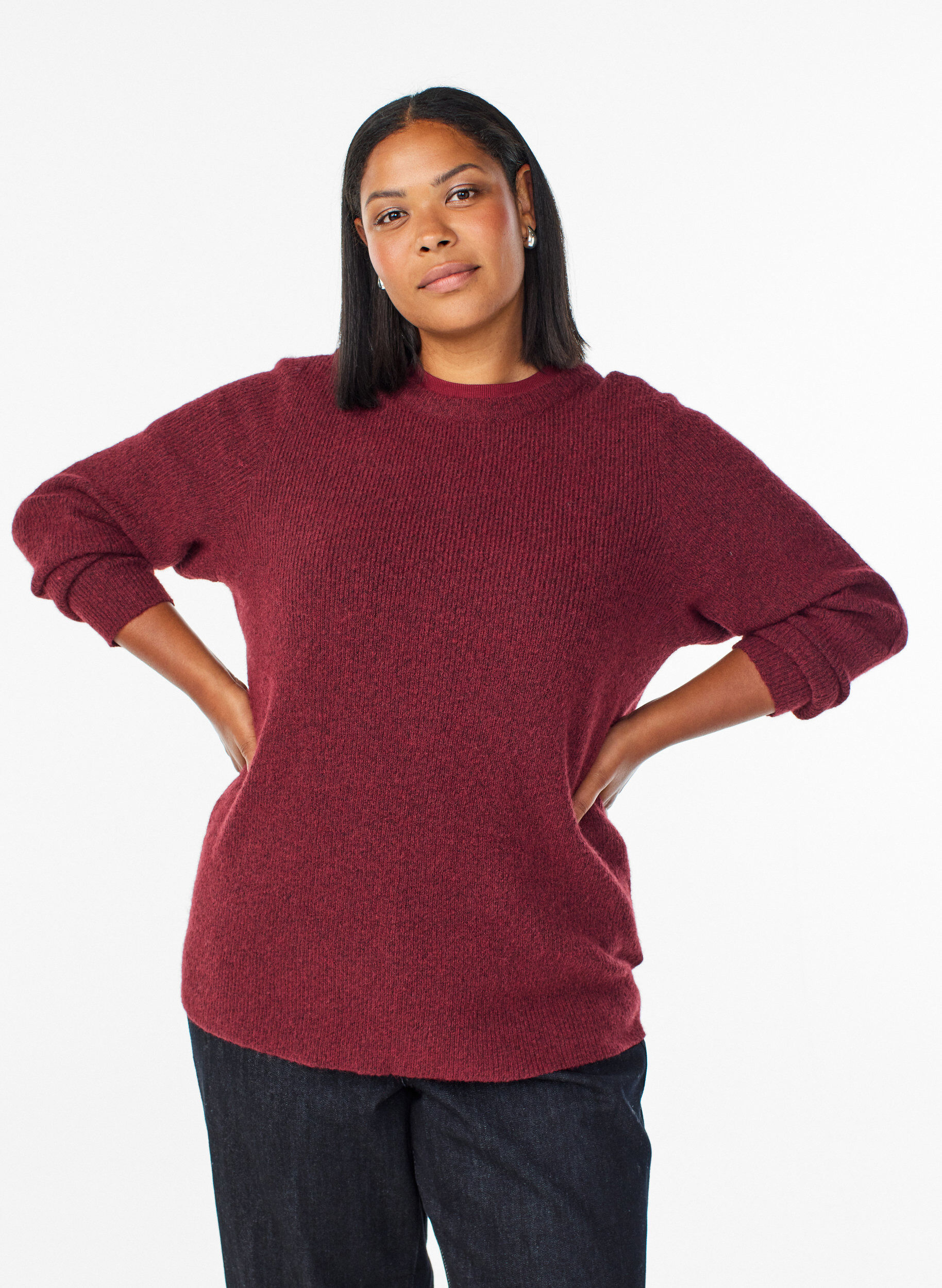 Gem&ecirc;leerde gebreide blouse met ronde hals, Rood, Model
