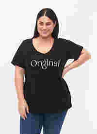 Katoenen t-shirt met tekstopdruk en v-hals, Black ORI, Model