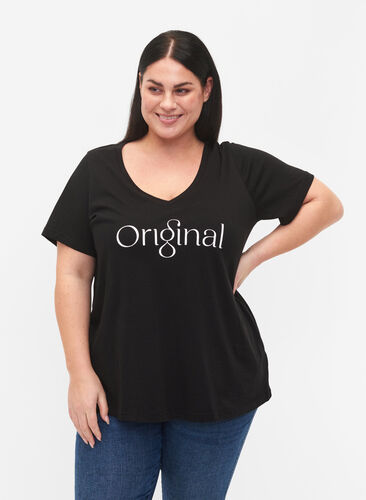 Katoenen t-shirt met tekstopdruk en v-hals, Black ORI, Model image number 0