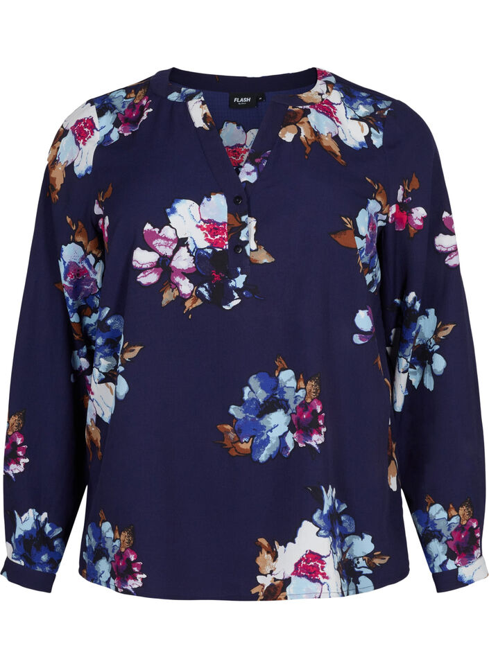 FLASH - Blouse met lange mouwen en print, Big Blue Flower, Packshot image number 0