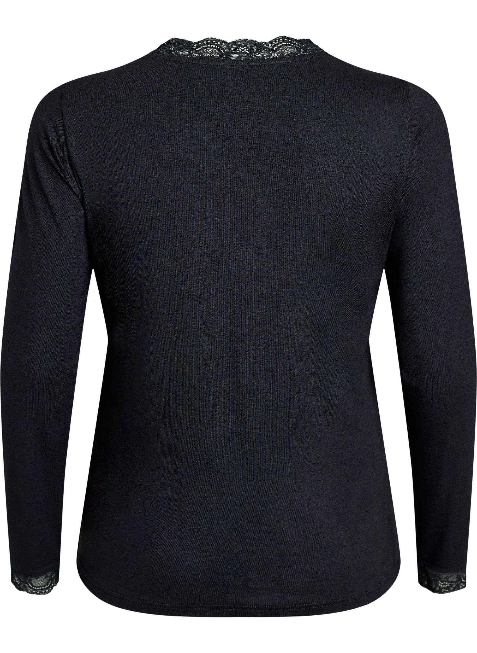 ZizziViscose blouse met kanten afwerking en V-hals, Zwart, Packshot image number 1