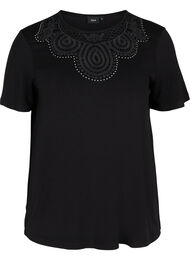 Viscose t-shirt met korte mouwen en kanten details, Black