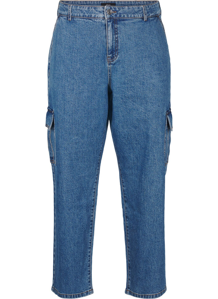 Cargo jeans met hoge taille, Blue Denim, Packshot image number 0