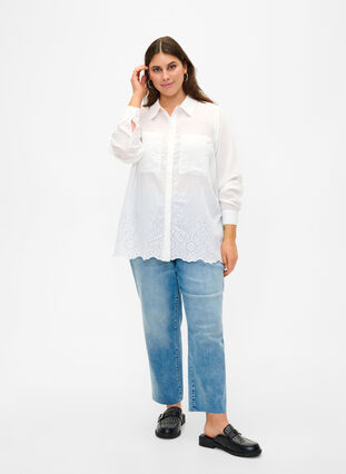 Viscose overhemd met broderie anglaise, Bright White, Model image number 2