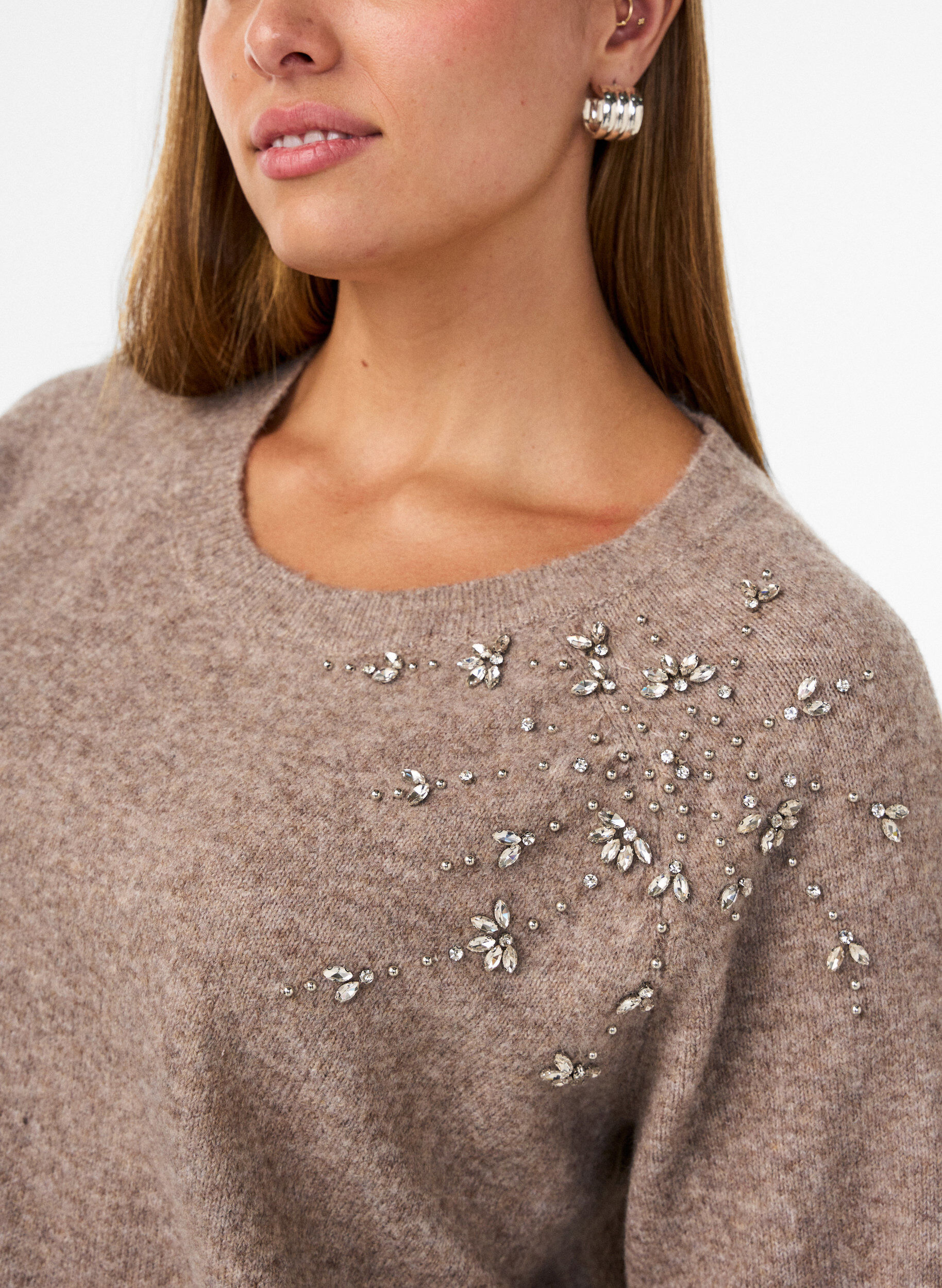 ZizziGebreide blouse met strassteentjes en studs, Beige, Model image number 3