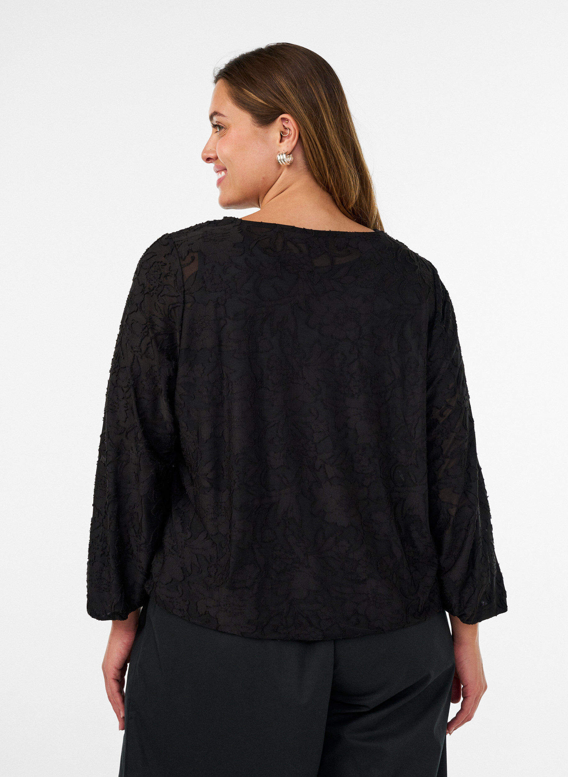 ZizziDoorschijnende blouse met bloemenstructuur en lange mouwen, Zwart, Model image number 2