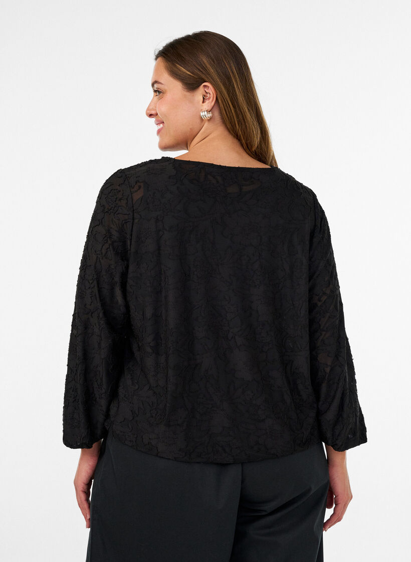 Doorschijnende blouse met bloemenstructuur en lange mouwen, Zwart, Model image number 2