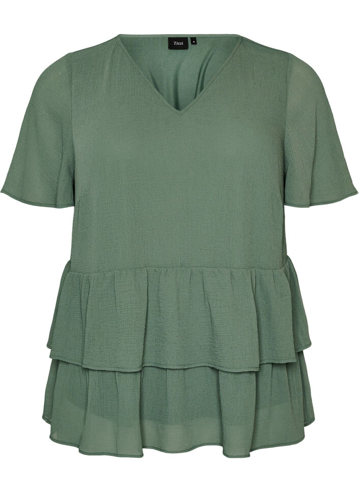 Blouse met V-hals en ruches, Groen, Packshot image number 0
