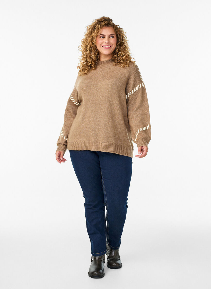 Jumper met decoratieve stiksels, Bruin, Model image number 1