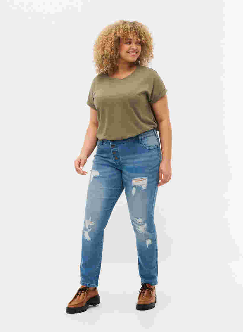 Ripped Emily jeans met normale taille, Blue denim, Model