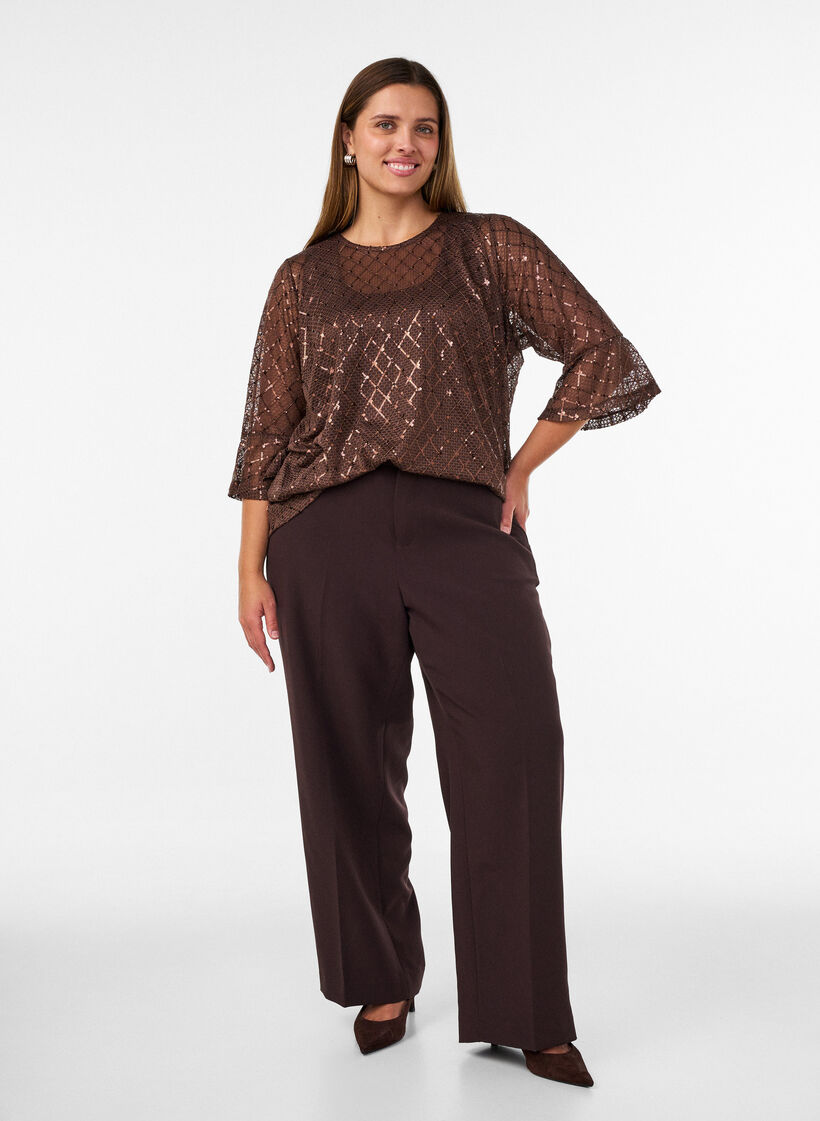 Doorschijnende blouse met pailletten en een ruitpatroon, Bruin, Model image number 1